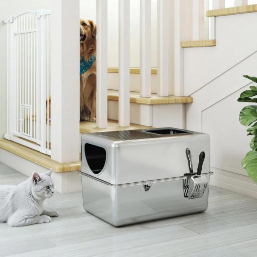 Arenero para Gatos de Acero Inoxidable XL Arenero con Pala Aberturas Dobles Fácil de limpiar Plata [5]