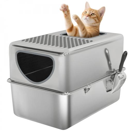Arenero para Gatos de Acero Inoxidable XL Arenero con Pala Aberturas Dobles Fácil de limpiar Plata [6]