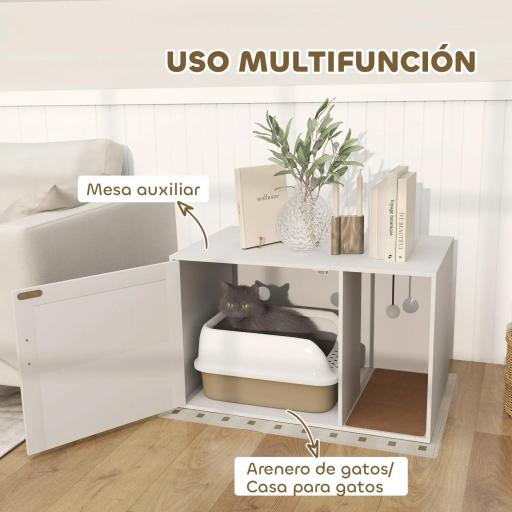 Mueble Arenero para Gatos Arenero para Gatos con Almohadilla para Rascar y Puerta de Ratán 80x50x50 cm Blanco [5]