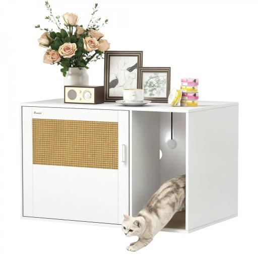 Mueble Arenero para Gatos Arenero para Gatos con Almohadilla para Rascar y Puerta de Ratán 80x50x50 cm Blanco [9]