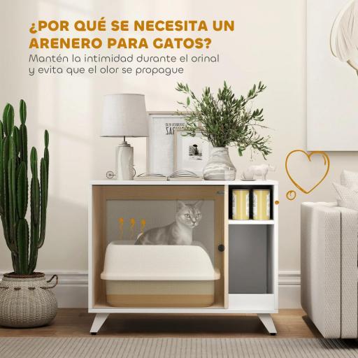 Mueble Arenero para Gatos con Puerta de Sisal Mesa Auxiliar Estante y Alfombrilla Antiarena 77x50x63 cm Blanco [1]