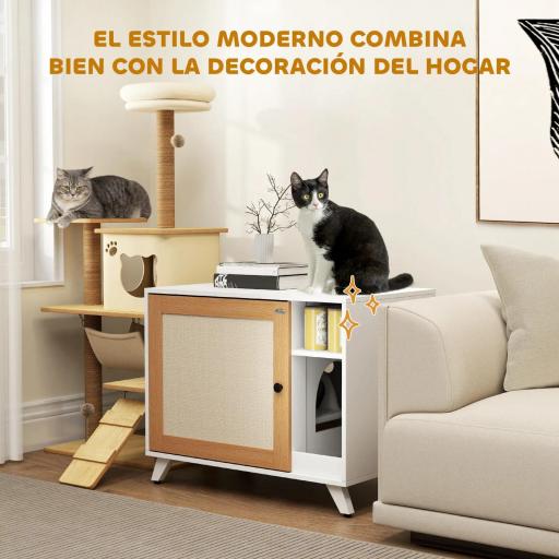 Mueble Arenero para Gatos con Puerta de Sisal Mesa Auxiliar Estante y Alfombrilla Antiarena 77x50x63 cm Blanco [5]