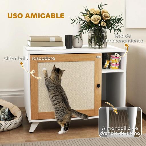 Mueble Arenero para Gatos con Puerta de Sisal Mesa Auxiliar Estante y Alfombrilla Antiarena 77x50x63 cm Blanco [3]