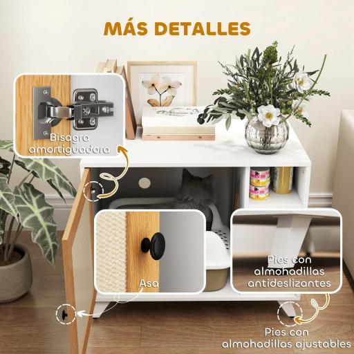 Mueble Arenero para Gatos con Puerta de Sisal Mesa Auxiliar Estante y Alfombrilla Antiarena 77x50x63 cm Blanco [6]