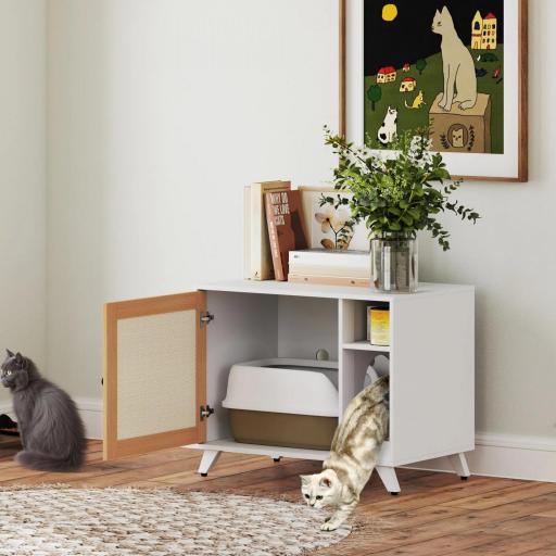 Mueble Arenero para Gatos con Puerta de Sisal Mesa Auxiliar Estante y Alfombrilla Antiarena 77x50x63 cm Blanco [7]