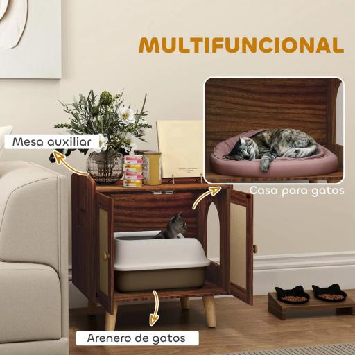 Mueble Arenero para Gatos Mesa Auxiliar con Puertas con Esteras de Sisal para Salón Dormitorio 55x43x59,6 cm Marrón [2]