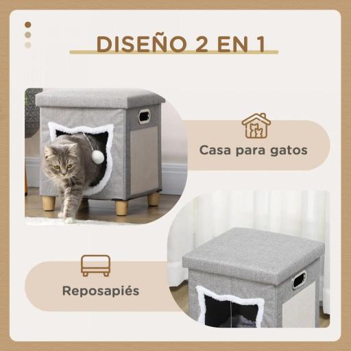  2 en 1 Reposapiés Cama para Gatos con Cojín Extraíble Bola Colgante y Almohadilla para Rascar 35,5x35,5x42,5 cm Gris [6]