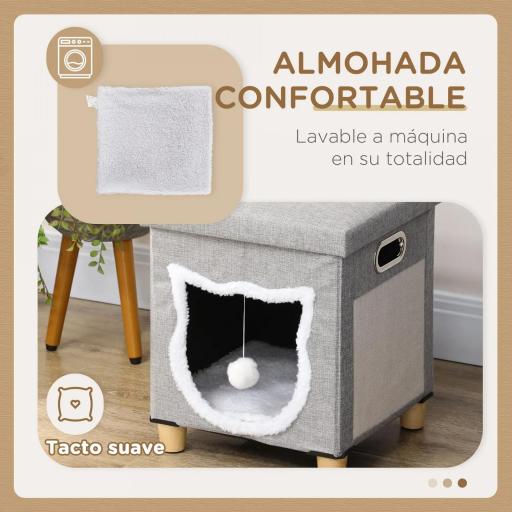  2 en 1 Reposapiés Cama para Gatos con Cojín Extraíble Bola Colgante y Almohadilla para Rascar 35,5x35,5x42,5 cm Gris [3]