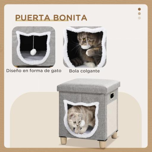  2 en 1 Reposapiés Cama para Gatos con Cojín Extraíble Bola Colgante y Almohadilla para Rascar 35,5x35,5x42,5 cm Gris [2]