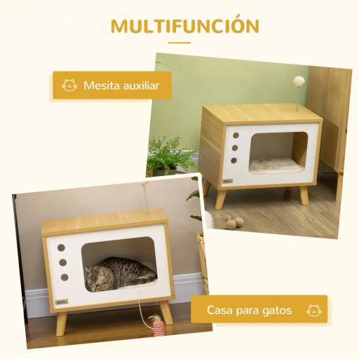Cama Cueva para Gatos Estilo Televisor con Cojín Lavable y Bola de Juguete 50x28x43 cm Roble [3]