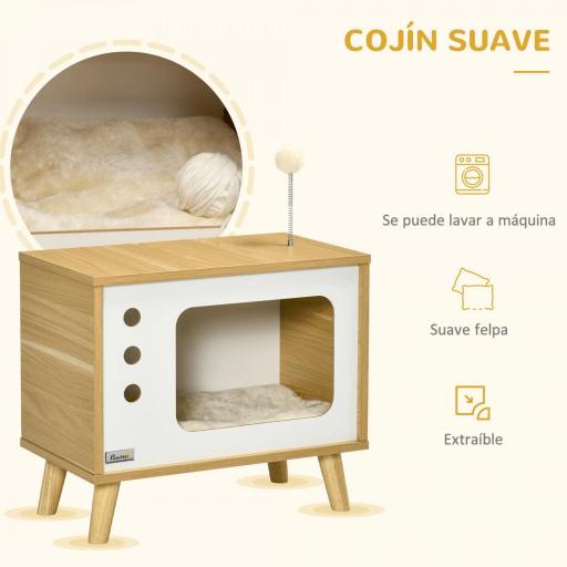 Cama Cueva para Gatos Estilo Televisor con Cojín Lavable y Bola de Juguete 50x28x43 cm Roble [6]