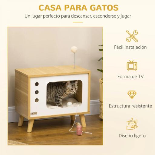 Cama Cueva para Gatos Estilo Televisor con Cojín Lavable y Bola de Juguete 50x28x43 cm Roble [5]