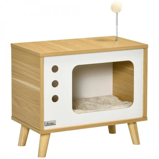 Cama Cueva para Gatos Estilo Televisor con Cojín Lavable y Bola de Juguete 50x28x43 cm Roble [9]