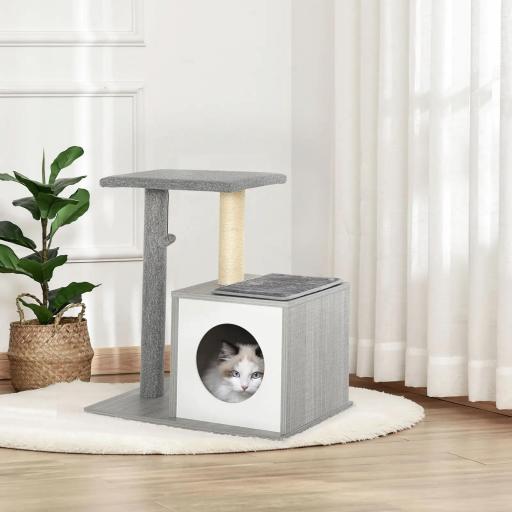 Árbol para Gatos 59x39x62 cm Rascador para Gatos de 3 Niveles con Plataformas Postes de Rascado Cueva de Madera Espaciosa Cojines Extraíbles Suaves Bola de Juguete Gris