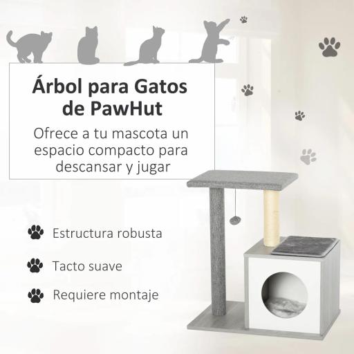 Árbol para Gatos 59x39x62 cm Rascador para Gatos de 3 Niveles con Plataformas Postes de Rascado Cueva de Madera Espaciosa Cojines Extraíbles Suaves Bola de Juguete Gris [4]