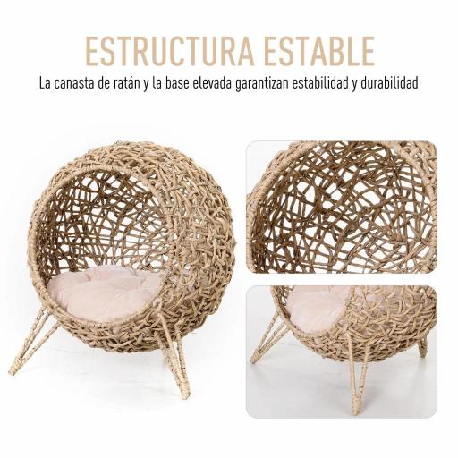 Cama Cueva de Ratán para Gatos o Mascotas Pequeña con Base Trípode Cojín de Felpa y Algodón Suave Diseño Elevado Estable Φ52x58 cm Madera Natural [4]
