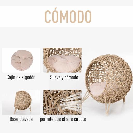 Cama Cueva de Ratán para Gatos o Mascotas Pequeña con Base Trípode Cojín de Felpa y Algodón Suave Diseño Elevado Estable Φ52x58 cm Madera Natural [3]