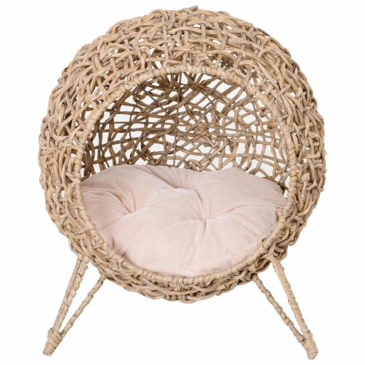 Cama Cueva de Ratán para Gatos o Mascotas Pequeña con Base Trípode Cojín de Felpa y Algodón Suave Diseño Elevado Estable Φ52x58 cm Madera Natural [5]