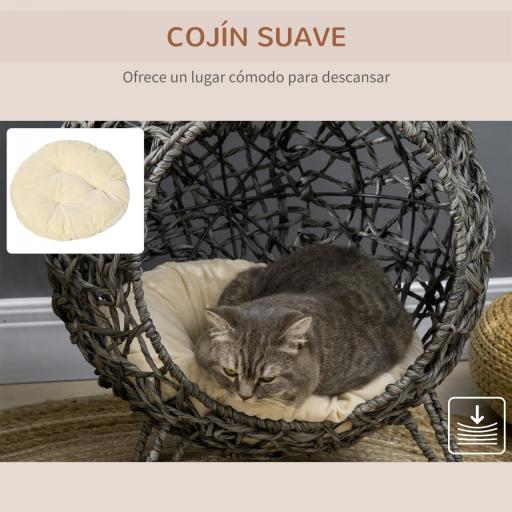 Cama Cueva de Ratán para Gatos o Mascotas Pequeña con Base Trípode Cojín de Felpa y Algodón Suave Diseño Elevado Estable Φ52x58 cm Gris [3]