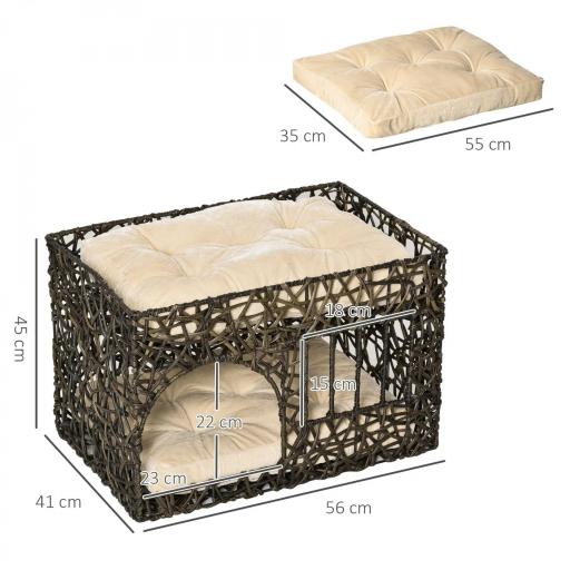 Cesta de Ratán para Gatos de 2 Alturas Cama Cueva de Gatos con 2 Cojines Suaves y Ventana 56x41x45 cm Café Oscuro [1]