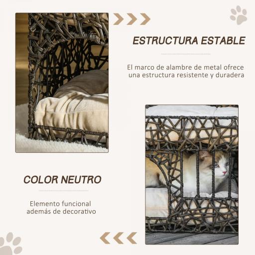 Cesta de Ratán para Gatos de 2 Alturas Cama Cueva de Gatos con 2 Cojines Suaves y Ventana 56x41x45 cm Café Oscuro [5]