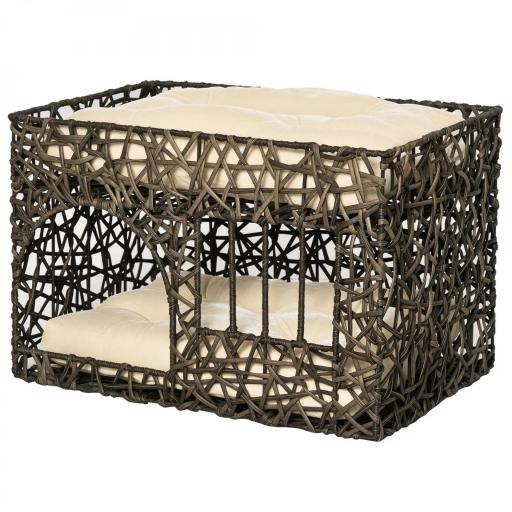 Cesta de Ratán para Gatos de 2 Alturas Cama Cueva de Gatos con 2 Cojines Suaves y Ventana 56x41x45 cm Café Oscuro [9]