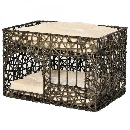 Cesta de Ratán para Gatos de 2 Alturas Cama Cueva de Gatos con 2 Cojines Suaves y Ventana 56x41x45 cm Café Oscuro [10]