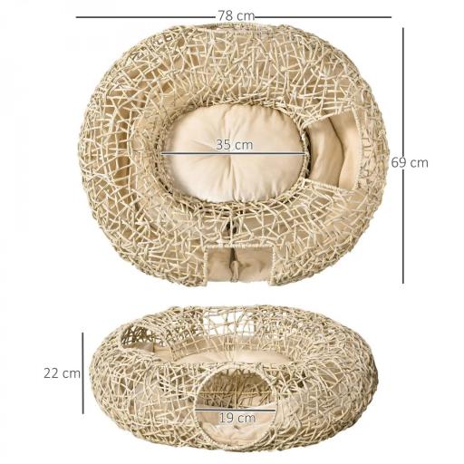 Cama para Gatos de Ratán 78x69x22 cm Cesta para Gatos Rolliza con Cojín Suave 3 Orificios de Acceso Túnel para Gatos Madera Natural [1]