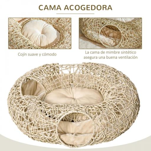Cama para Gatos de Ratán 78x69x22 cm Cesta para Gatos Rolliza con Cojín Suave 3 Orificios de Acceso Túnel para Gatos Madera Natural [3]