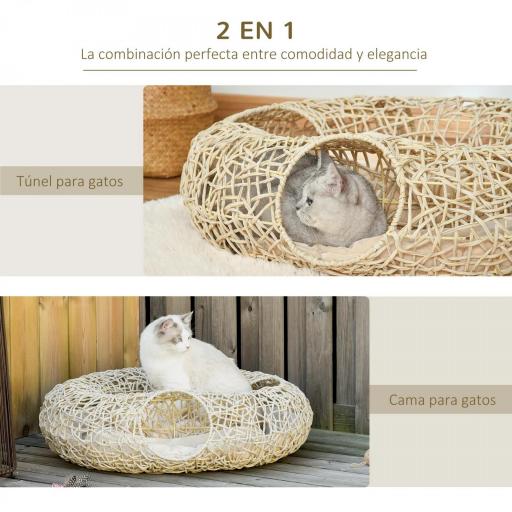 Cama para Gatos de Ratán 78x69x22 cm Cesta para Gatos Rolliza con Cojín Suave 3 Orificios de Acceso Túnel para Gatos Madera Natural [5]