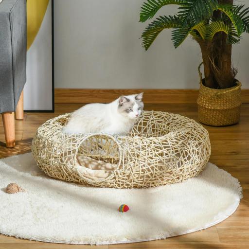Cama para Gatos de Ratán 78x69x22 cm Cesta para Gatos Rolliza con Cojín Suave 3 Orificios de Acceso Túnel para Gatos Madera Natural [6]