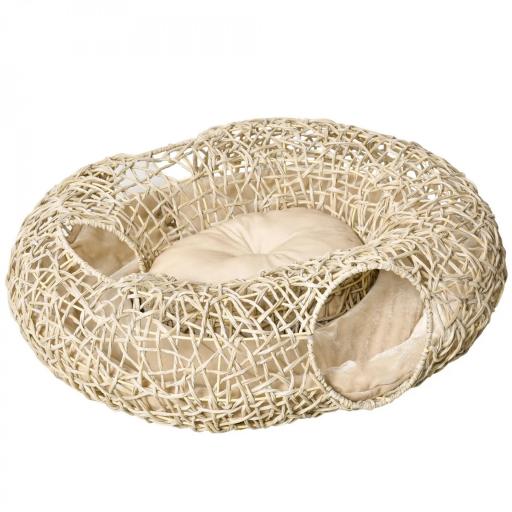 Cama para Gatos de Ratán 78x69x22 cm Cesta para Gatos Rolliza con Cojín Suave 3 Orificios de Acceso Túnel para Gatos Madera Natural [9]