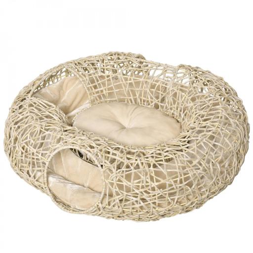 Cama para Gatos de Ratán 78x69x22 cm Cesta para Gatos Rolliza con Cojín Suave 3 Orificios de Acceso Túnel para Gatos Madera Natural [8]