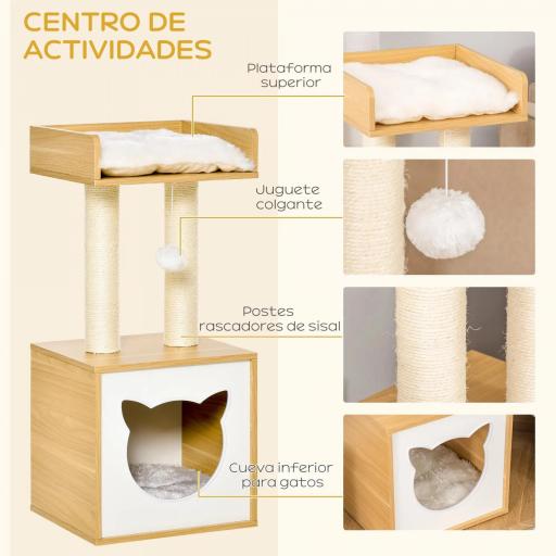 Árbol para Gatos de 2 Niveles con Cueva Cama Superior Postes Rascadores de Sisal Natural Cojines Lavables y Bola de Juguete 35x35x81 cm Roble y Blanco [5]
