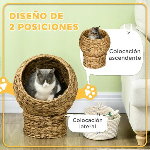 Cama para Gatos de Mimbre Cueva para Gatos Desmontable con Cojín Extraíble 40x37x51 cm Marrón y Beige [1]