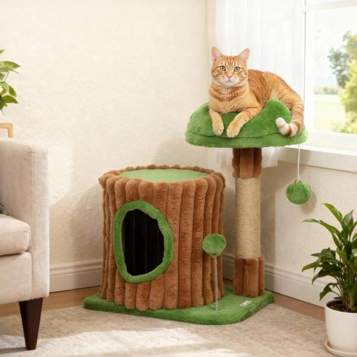 Árbol Rascador para Gatos 53 cm Diseño de Tronco con Casita Cama Poste de Yute Bolas Marrón y Verde