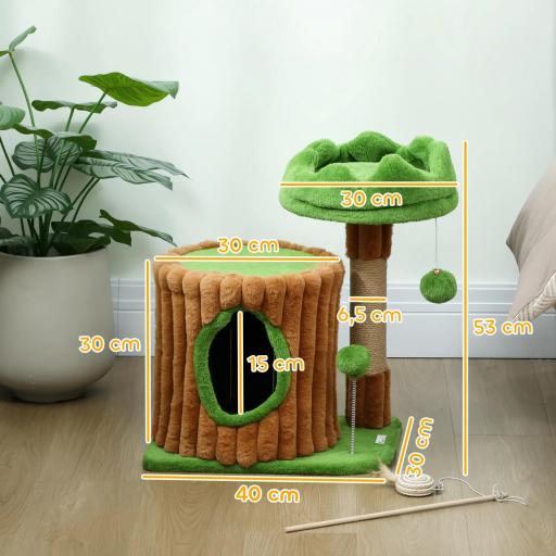 Árbol Rascador para Gatos 53 cm Diseño de Tronco con Casita Cama Poste de Yute Bolas Marrón y Verde [1]