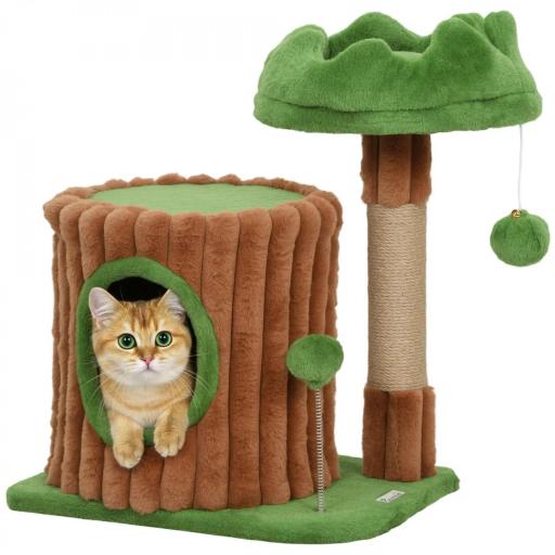 Árbol Rascador para Gatos 53 cm Diseño de Tronco con Casita Cama Poste de Yute Bolas Marrón y Verde [9]