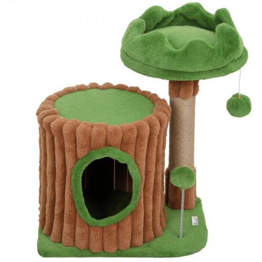 Árbol Rascador para Gatos 53 cm Diseño de Tronco con Casita Cama Poste de Yute Bolas Marrón y Verde [8]