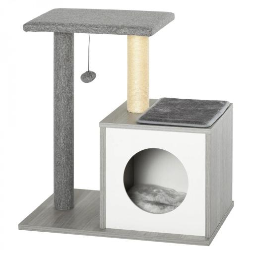 Árbol para Gatos 59x39x62 cm Rascador para Gatos de 3 Niveles con Plataformas Postes de Rascado Cueva de Madera Espaciosa Cojines Extraíbles Suaves Bola de Juguete Gris [9]