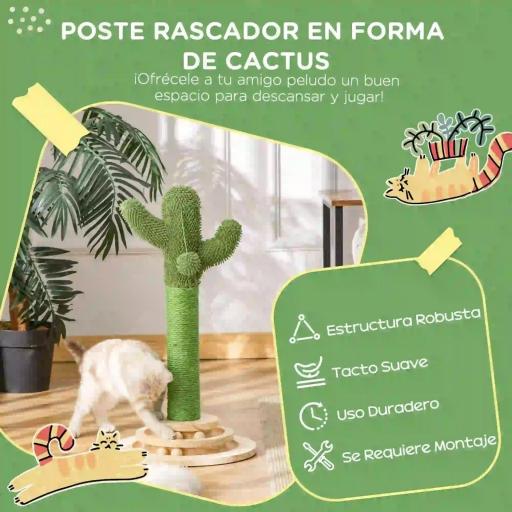 Poste Rascador para Gatos en Forma de Cactus Pequeño Árbol Rascador para Gatos con Poste de Sisal y Felpa Pelota Colgante y Base con Juego de Madera 32x32x60 cm Verde [2]