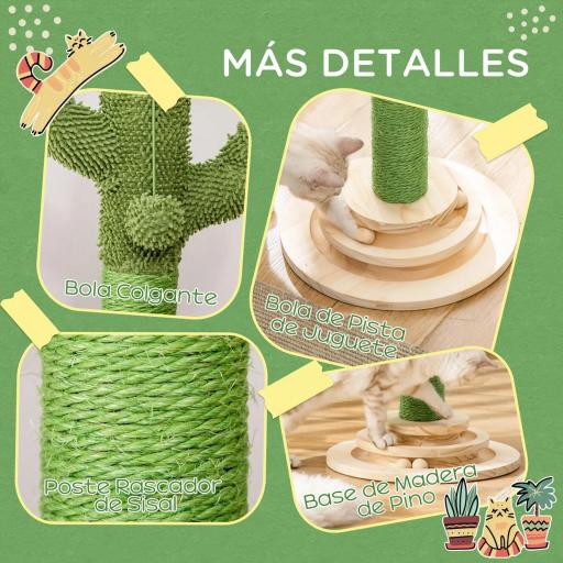Poste Rascador para Gatos en Forma de Cactus Pequeño Árbol Rascador para Gatos con Poste de Sisal y Felpa Pelota Colgante y Base con Juego de Madera 32x32x60 cm Verde [3]