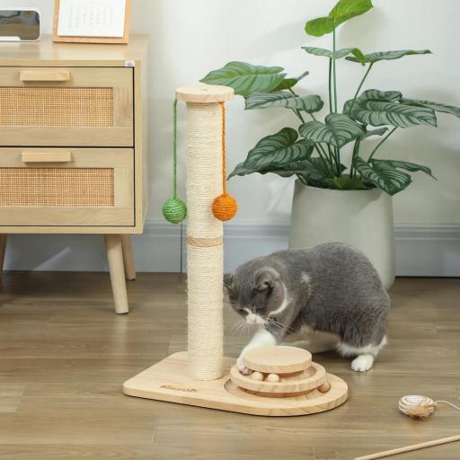 Poste Rascador para Gatos Altura 56,5 cm con 3 Bolas Colgantes Juguete de Pelota de Pista Madera Natural