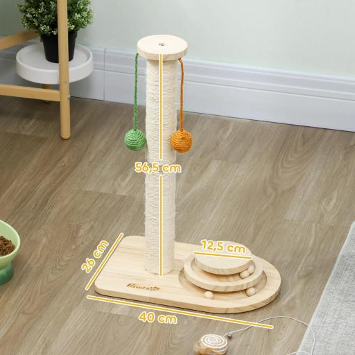 Poste Rascador para Gatos Altura 56,5 cm con 3 Bolas Colgantes Juguete de Pelota de Pista Madera Natural [1]