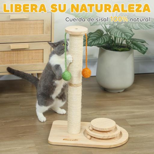 Poste Rascador para Gatos Altura 56,5 cm con 3 Bolas Colgantes Juguete de Pelota de Pista Madera Natural [5]