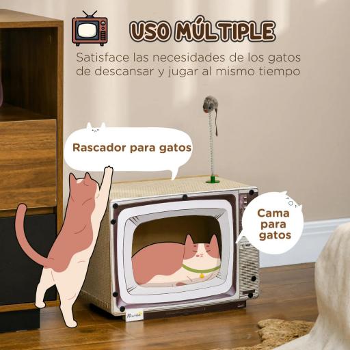 Rascador de Cartón para Gatos en Forma de Televisor con Ratón de Juguete 43x23x32,5 cm Arena [2]