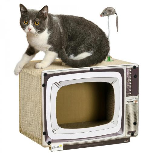 Rascador de Cartón para Gatos en Forma de Televisor con Ratón de Juguete 43x23x32,5 cm Arena [8]