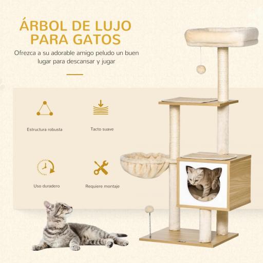 Árbol Rascador para Gatos con Plataforma Torre Escalador para Gatos con Hamaca Caseta Cama Postes 48x40x126 cm Beige [3]