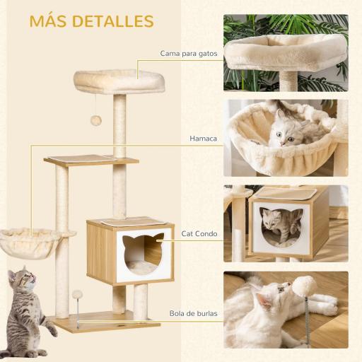 Árbol Rascador para Gatos con Plataforma Torre Escalador para Gatos con Hamaca Caseta Cama Postes 48x40x126 cm Beige [4]