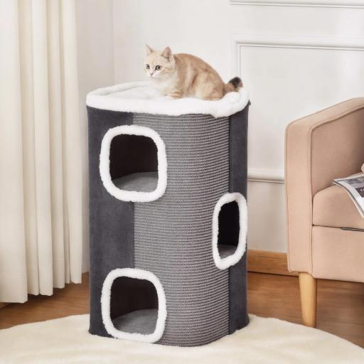 Barril Rascador para Gatos de 2 Niveles con Cuevas de Sisal Felpa Suave y Plataforma de Vellón 40x40x49 cm Gris